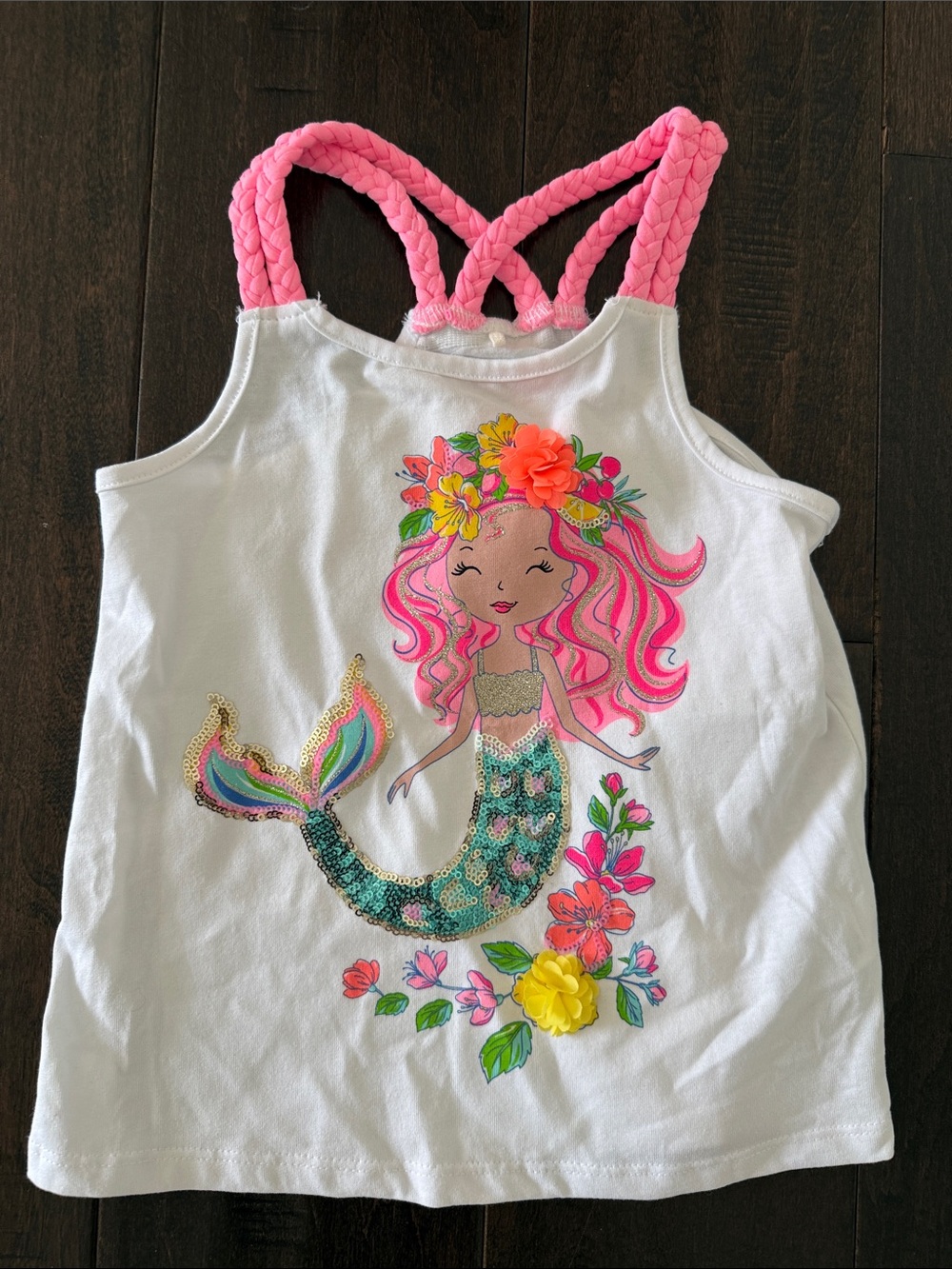 Tommy Bahama Girls White Mermaid Sequin Graphic Tank Top with Pink Straps! 5/6